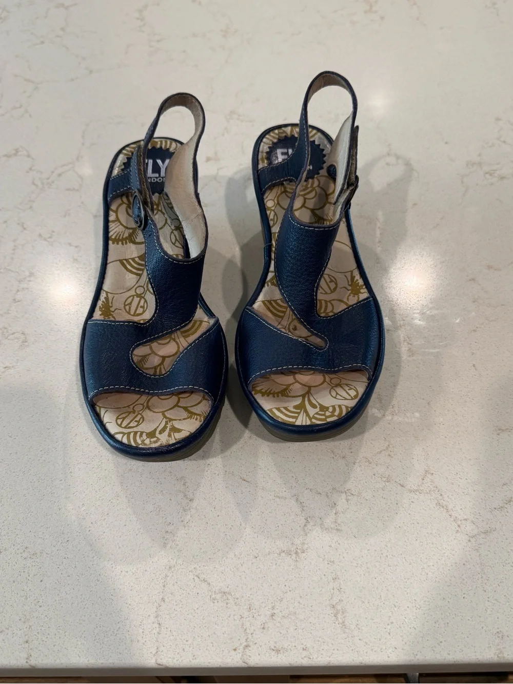 Fly London Navy Leather Wedge Sandals with Floral Insole